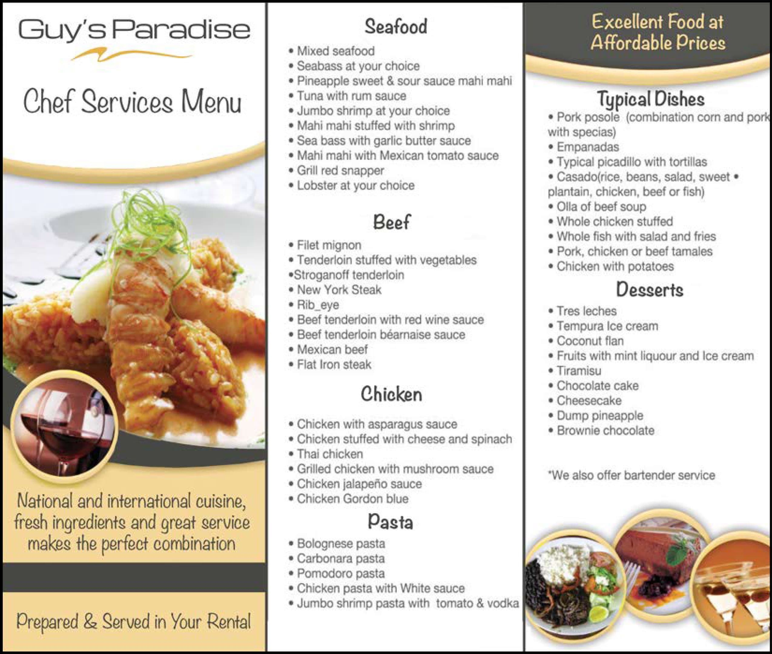 Guy's Paradise Chef Service Menu